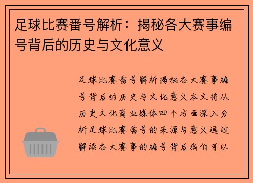 足球比赛番号解析：揭秘各大赛事编号背后的历史与文化意义