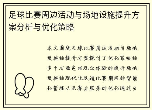 足球比赛周边活动与场地设施提升方案分析与优化策略