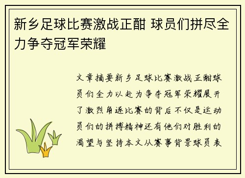 新乡足球比赛激战正酣 球员们拼尽全力争夺冠军荣耀