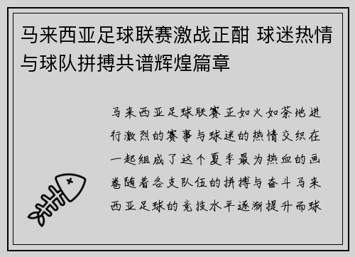 马来西亚足球联赛激战正酣 球迷热情与球队拼搏共谱辉煌篇章