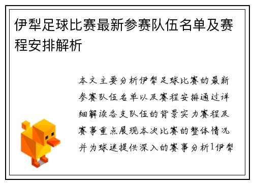 伊犁足球比赛最新参赛队伍名单及赛程安排解析