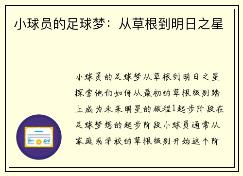 小球员的足球梦：从草根到明日之星