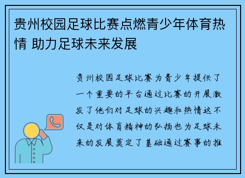 贵州校园足球比赛点燃青少年体育热情 助力足球未来发展