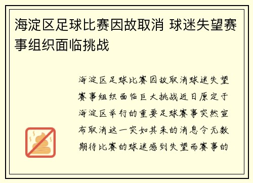 海淀区足球比赛因故取消 球迷失望赛事组织面临挑战