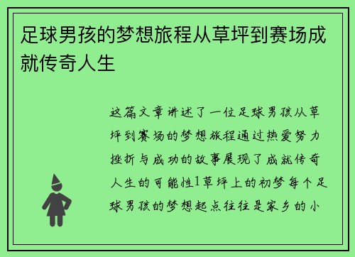 足球男孩的梦想旅程从草坪到赛场成就传奇人生