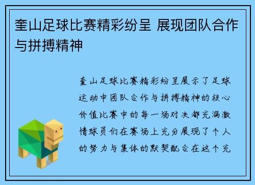 奎山足球比赛精彩纷呈 展现团队合作与拼搏精神