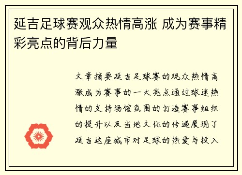 延吉足球赛观众热情高涨 成为赛事精彩亮点的背后力量