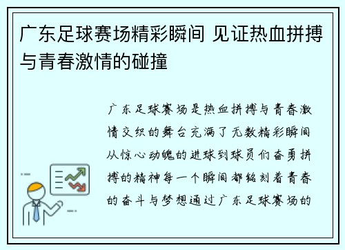 广东足球赛场精彩瞬间 见证热血拼搏与青春激情的碰撞