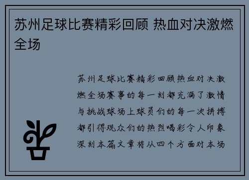 苏州足球比赛精彩回顾 热血对决激燃全场
