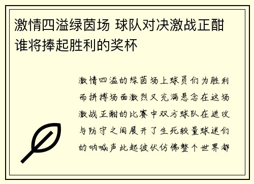 激情四溢绿茵场 球队对决激战正酣 谁将捧起胜利的奖杯
