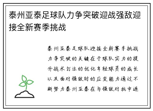 泰州亚泰足球队力争突破迎战强敌迎接全新赛季挑战
