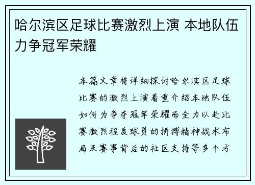 哈尔滨区足球比赛激烈上演 本地队伍力争冠军荣耀