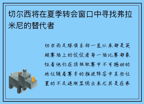 切尔西将在夏季转会窗口中寻找弗拉米尼的替代者