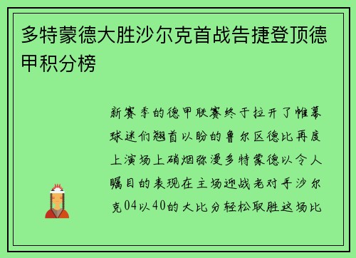 多特蒙德大胜沙尔克首战告捷登顶德甲积分榜