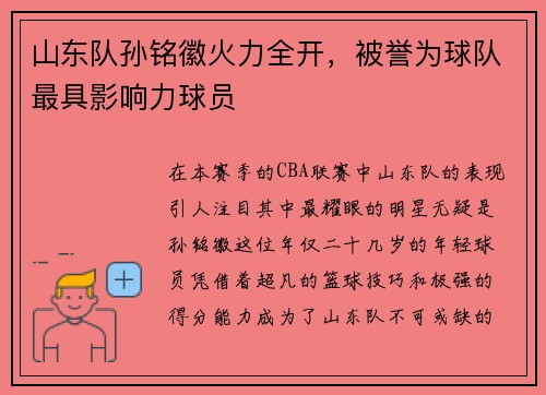 山东队孙铭徽火力全开，被誉为球队最具影响力球员