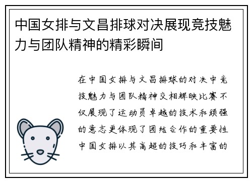 中国女排与文昌排球对决展现竞技魅力与团队精神的精彩瞬间