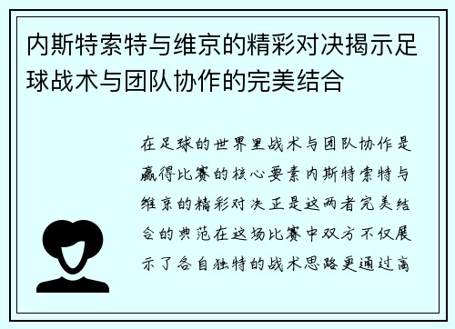 内斯特索特与维京的精彩对决揭示足球战术与团队协作的完美结合