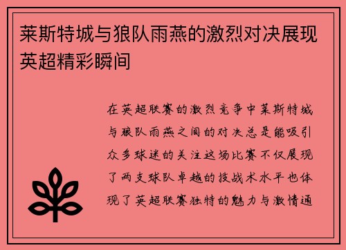 莱斯特城与狼队雨燕的激烈对决展现英超精彩瞬间