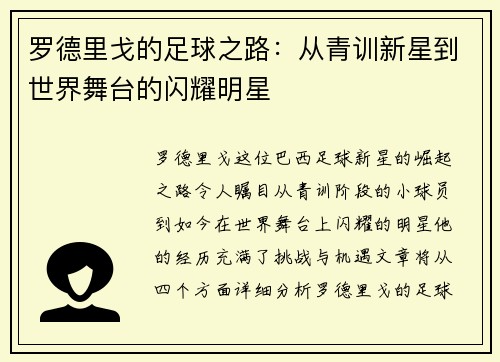 罗德里戈的足球之路：从青训新星到世界舞台的闪耀明星