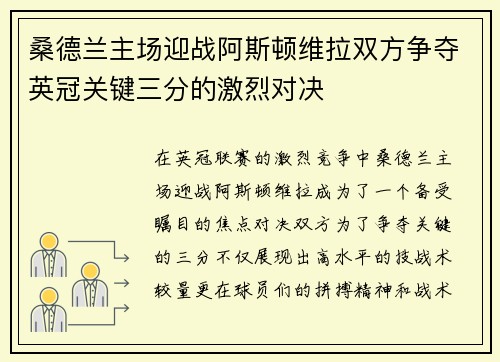 桑德兰主场迎战阿斯顿维拉双方争夺英冠关键三分的激烈对决