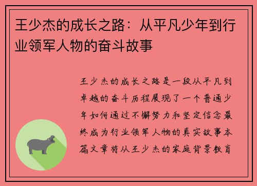 王少杰的成长之路：从平凡少年到行业领军人物的奋斗故事