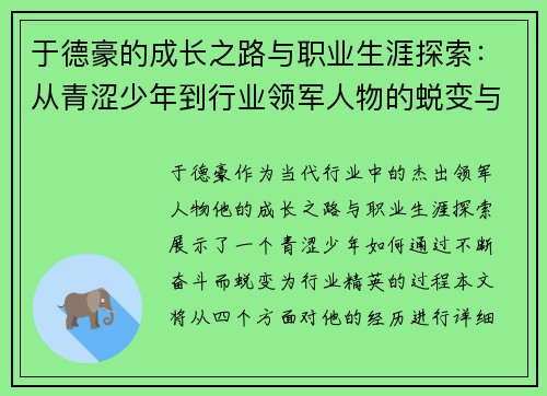 于德豪的成长之路与职业生涯探索：从青涩少年到行业领军人物的蜕变与奋斗